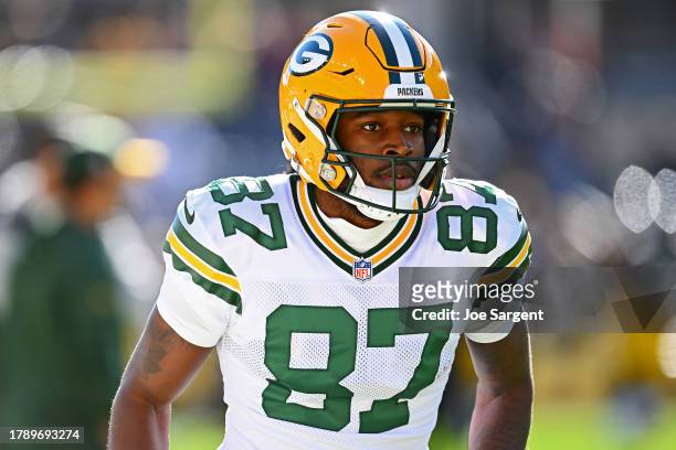 Romeo Doubs of the Green Bay Packers looks on prior to a game against the Pittsburgh Steelers at Acrisure Stadium on November 12, 2023 in Pittsburgh,...