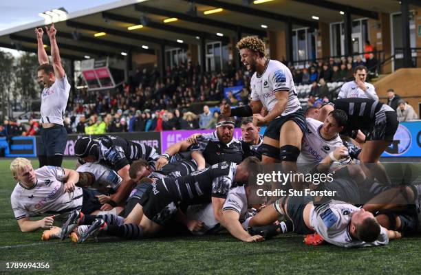 Saracens player Andy Christie celebrates after Theo Dan had gone over to score the fourth Saracens try during the Gallagher Premiership Rugby match...