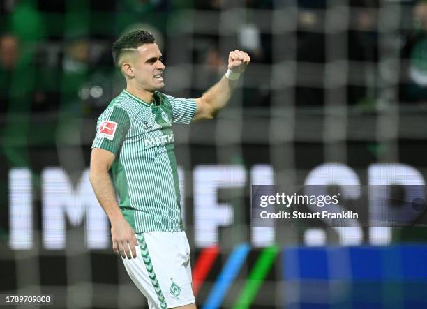 Rafael Santos Borre of Werder Bremen celebrates after scoring the team's second goal during the Bundesliga match between SV Werder Bremen and...