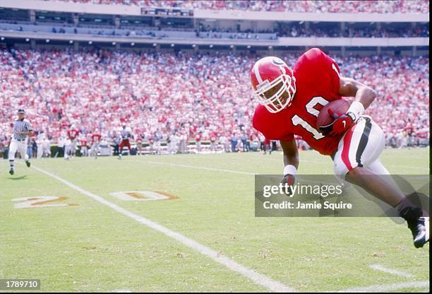 Hines Ward of the Georgia Bulldogs runs down the field during a game against the South Carolina Gamecocks at Sanford Stadium in Athens, Georgia....