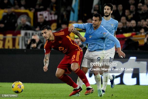 Pedro Rodriguez of SS Lazio compete for the ball with Leandro Paredes of AS Roma during the Serie A TIM match between SS Lazio and AS Roma at Stadio...