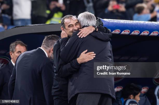 José Mourinho manager of AS Roma and Maurizio Sarri manager of SS Lazio during the Serie A TIM match between SS Lazio and AS Roma at Stadio Olimpico...