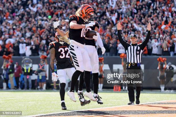 Trenton Irwin of the Cincinnati Bengals celebrates a touchdown run during the first quarter against the Houston Texans at Paycor Stadium on November...