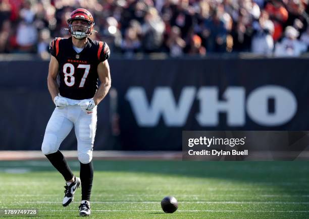 Tanner Hudson of the Cincinnati Bengals celebrates after a first down catch during the first quarter against the Houston Texans at Paycor Stadium on...