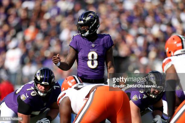 Lamar Jackson of the Baltimore Ravens motions at the line of scrimmage against the Cleveland Browns during the first quarter at M&T Bank Stadium on...