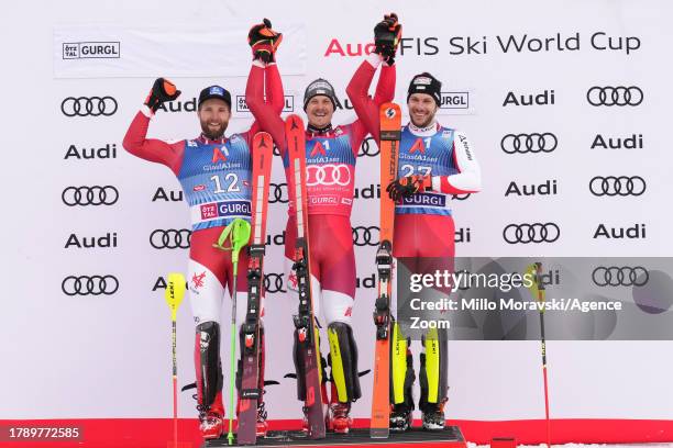 Marco Schwarz of Team Austria takes 2nd place, Manuel Feller of Team Austria takes 1st place, Mario Matt of Team Austria takes 3rd place during the...