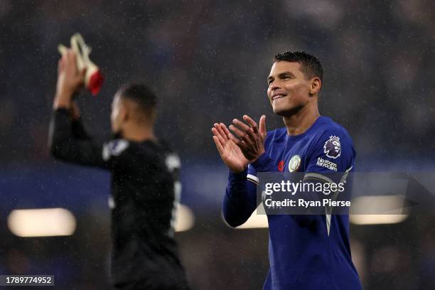 Thiago Silva of Chelsea applauds the fans following the Premier League match between Chelsea FC and Manchester City at Stamford Bridge on November...