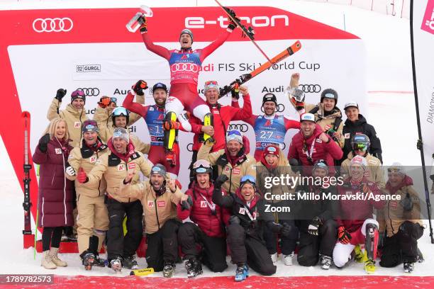 Manuel Feller of Team Austria, Marco Schwarz of Team Austria, Mario Matt of Team Austria reacts during the Audi FIS Alpine Ski World Cup Men's Slalom...