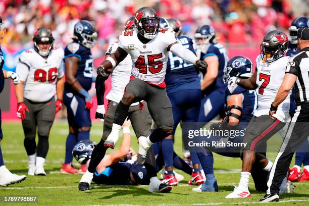 Devin White of the Tampa Bay Buccaneers celebrates after a sack during the second quarter against the Tennessee Titans at Raymond James Stadium on...