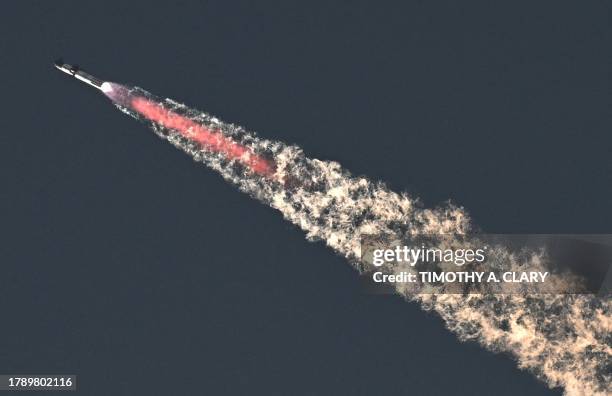 SpaceX's Starship rocket launches from Starbase during its second test flight in Boca Chica, Texas, on November 18, 2023. SpaceX on November 18...