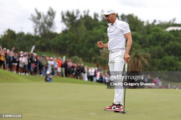 Camilo Villegas of Colombia celebrates on the 18th green during the final round after winning the Butterfield Bermuda Championship at Port Royal Golf...