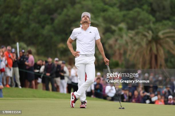 Camilo Villegas of Colombia celebrates on the 18th green during the final round after winning the Butterfield Bermuda Championship at Port Royal Golf...