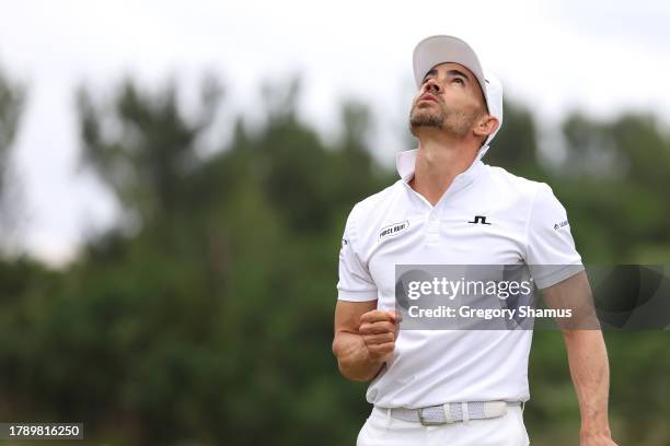 Camilo Villegas of Colombia celebrates on the 18th green during the final round after winning the Butterfield Bermuda Championship at Port Royal Golf...