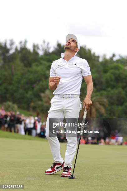 Camilo Villegas of Colombia celebrates on the 18th green during the final round after winning the Butterfield Bermuda Championship at Port Royal Golf...