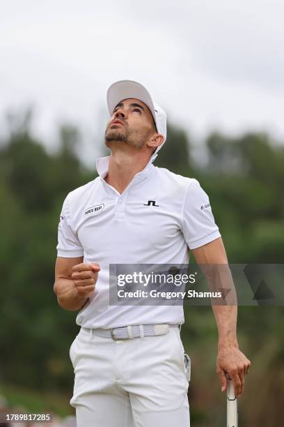 Camilo Villegas of Colombia celebrates on the 18th green during the final round after winning the Butterfield Bermuda Championship at Port Royal Golf...