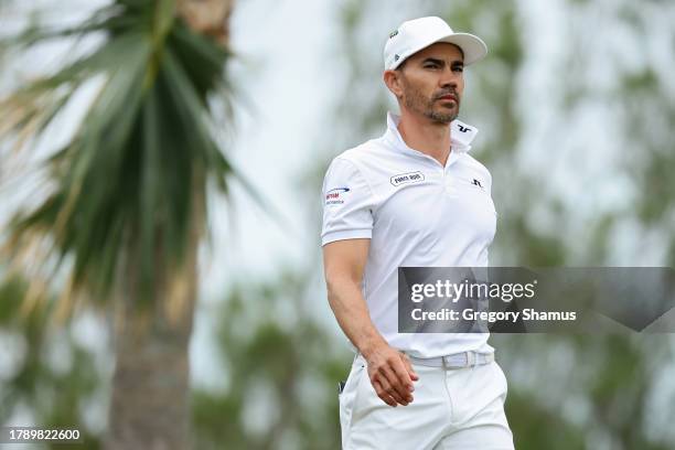 Camilo Villegas of Colombia walks off of the 16th tee during the final round of the Butterfield Bermuda Championship at Port Royal Golf Course on...