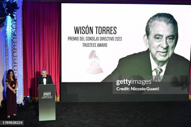 Cherry Torres and honoree Wilson Torres speak onstage during the 2023 Latin GRAMMY Special Awards Presentation at Teatro de la Capitanía & Casino de...