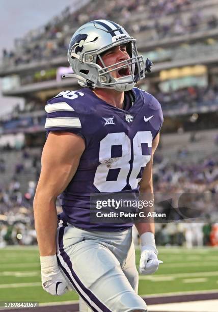Tight end Garrett Oakley of the Kansas State Wildcats reacts after scoring a touchdown against the Baylor Bears in the second half at Bill Snyder...