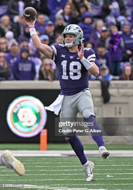 Quarterback Will Howard of the Kansas State Wildcats throws a pass down field against the Baylor Bears in the second half at Bill Snyder Family...