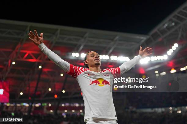 Xavi Simons of RB Leipzig celebrates the teams first goal during the Bundesliga match between RB Leipzig and Sport-Club Freiburg at Red Bull Arena on...