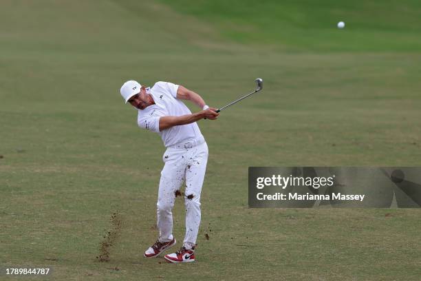 Camilo Villegas of Colombia plays his second shot on the 18th hole during the final round of the Butterfield Bermuda Championship at Port Royal Golf...