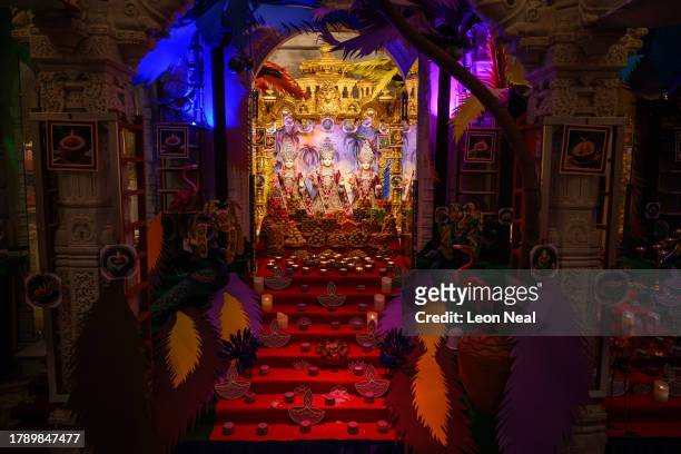 The decorated central shrine is seen during Diwali celebrations at Neasden Temple, also known as BAPS Shri Swaminarayan Mandir, on November 12, 2023...