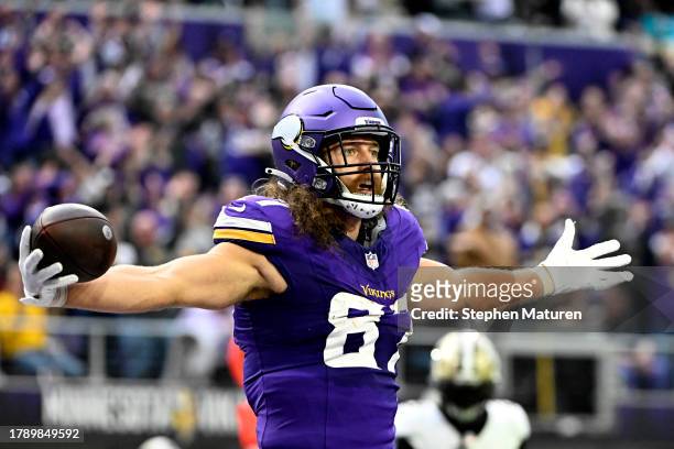 Hockenson of the Minnesota Vikings celebrates after scoring a touchdown against the New Orleans Saints during the second quarter at U.S. Bank Stadium...