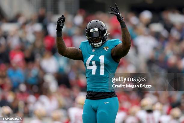 Josh Allen of the Jacksonville Jaguars reacts during the first quarter against the San Francisco 49ers at EverBank Stadium on November 12, 2023 in...
