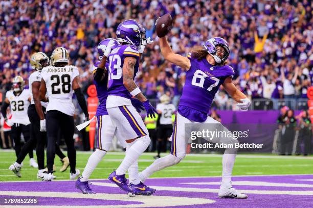 Hockenson of the Minnesota Vikings celebrates after scoring a touchdown against the New Orleans Saints during the second quarter at U.S. Bank Stadium...