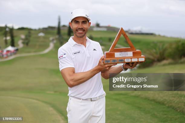 Camilo Villegas of Colombia poses with the trophy after winning the Butterfield Bermuda Championship at Port Royal Golf Course on November 12, 2023...