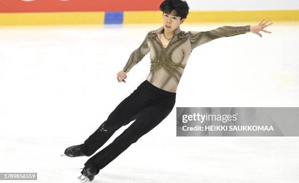 Shun Sato of Japan performs during the men's free program of the ISU figure skating Grand Prix Espoo 2023 competition in Espoo, Finland, on November...