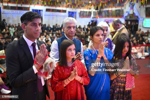 Rishi Sunak and his family during a visit to the Vedic Society Hindu Temple on November 12, 2023 in Southampton, England. Diwali is the annual Hindu...