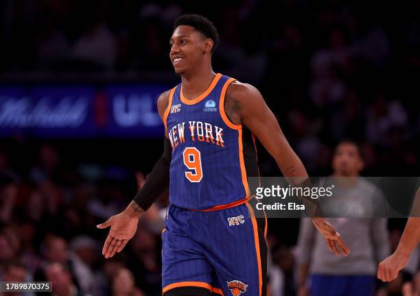 Barrett of the New York Knicks celebrates his three point shot during the second half against the Charlotte Hornets at Madison Square Garden on...