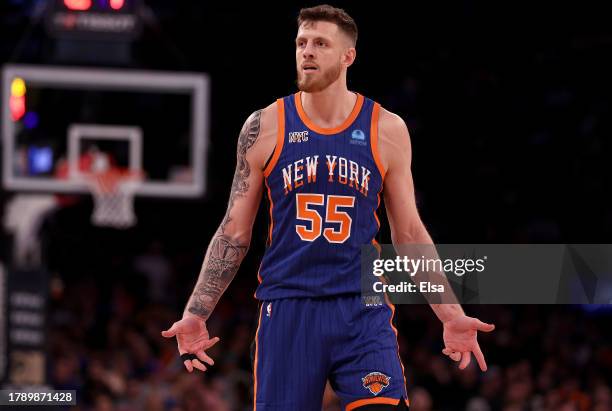 Isaiah Hartenstein of the New York Knicks reacts after he is called for a foul during the second half against the Charlotte Hornets at Madison Square...