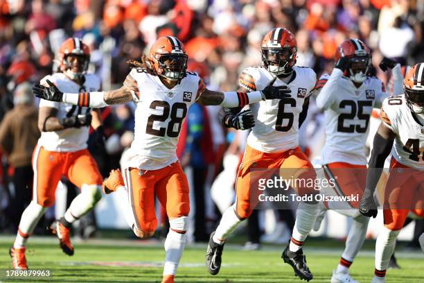 Mike Ford of the Cleveland Browns reacts after intercepting a ball against the Baltimore Ravens during the second quarter at M&T Bank Stadium on...