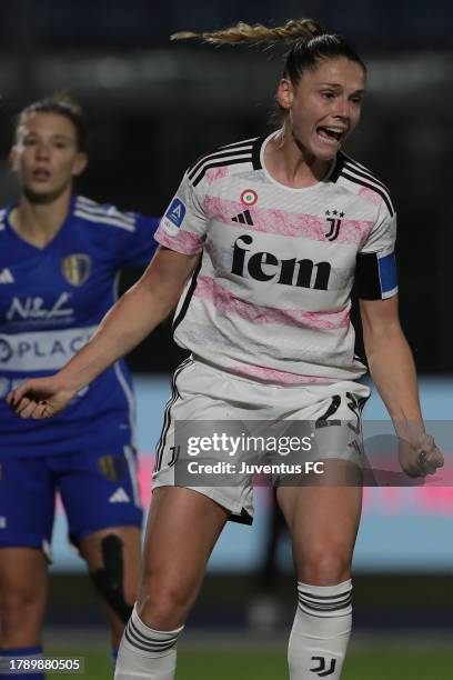 Cecilia Salvai of Juventus celebrates after scoring the opening goal during the Women Serie A match between Como Women and Juventus at Stadio...