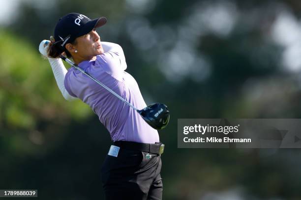 Azahara Munoz of Spain plays her shot from the 14th tee during the final round of The ANNIKA driven by Gainbridge at Pelican at Pelican Golf Club on...