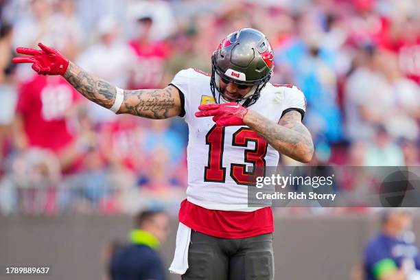 Mike Evans of the Tampa Bay Buccaneers reacts after his receiving touchdown during the third quarter against the Tennessee Titans at Raymond James...