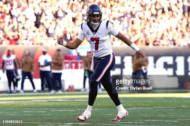 Stroud of the Houston Texans celebrates after a touchdown pass during the third quarter against the Cincinnati Bengals at Paycor Stadium on November...