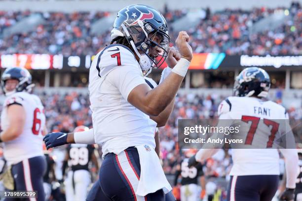 Stroud of the Houston Texans celebrates after a touchdown pass during the third quarter against the Cincinnati Bengals at Paycor Stadium on November...