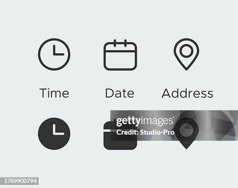 Time, date, address icon set. Clock, calendar, position symbols. Sign business vector design Time, date, address icon set. Clock, calendar, position symbols. Sign business vector design