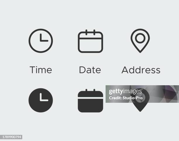 bildbanksillustrationer, clip art samt tecknat material och ikoner med time, date, address icon set. clock, calendar, position symbols. sign business vector design - dygnets timmar