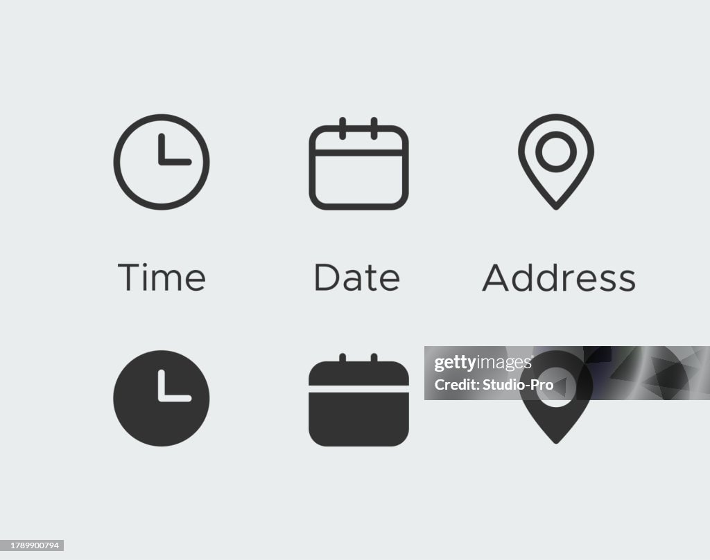 Time, date, address icon set. Clock, calendar, position symbols. Sign business vector design