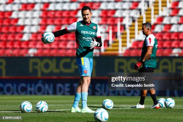 Raul Gudino goalkeeper of Necaxa warms up prior the 16th round match between Necaxa and Mazatlan FC as part of the Torneo Apertura 2023 Liga MX at...