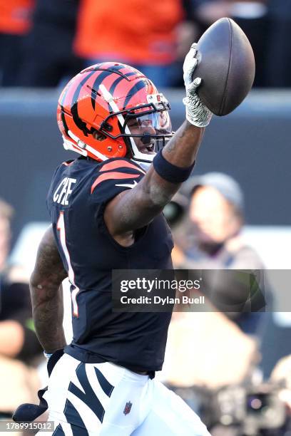 Ja'Marr Chase of the Cincinnati Bengals celebrates a touchdown catch during the third quarter against the Houston Texans at Paycor Stadium on...