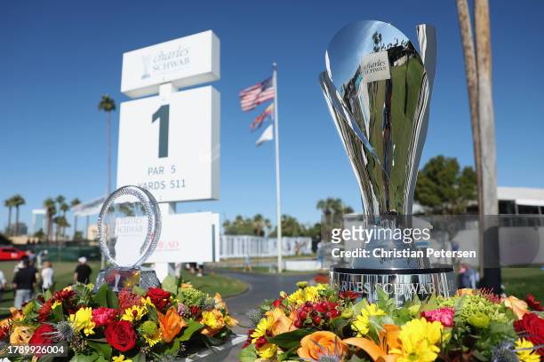 The Charles Schwab Cup Championship trophy and the Charles Schwab Cup are displayed at the first tee during the final round of the Charles Schwab Cup...