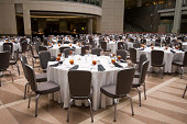 Large Room Set Up for a Banquet, Round Tables