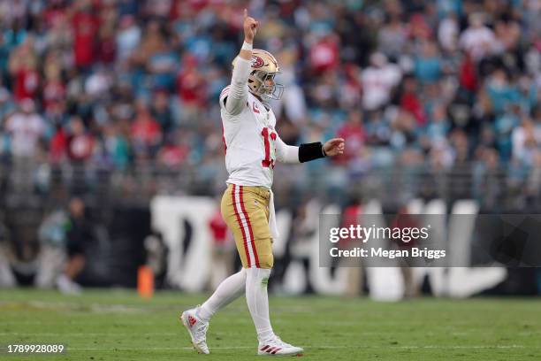 Brock Purdy of the San Francisco 49ers reacts during the third quarter against the Jacksonville Jaguars at EverBank Stadium on November 12, 2023 in...