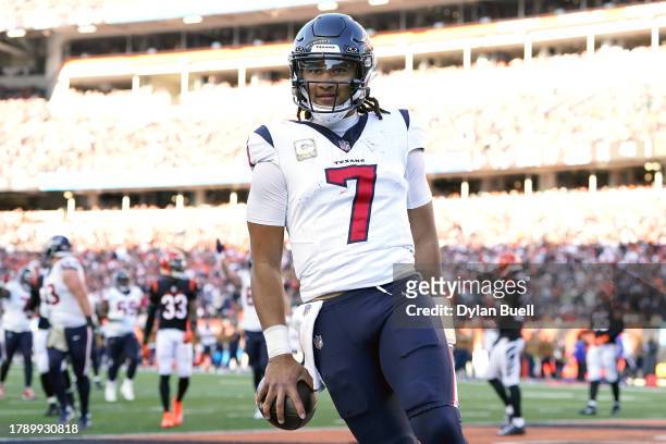 Stroud of the Houston Texans runs for a touchdown during the fourth quarter against the Cincinnati Bengals at Paycor Stadium on November 12, 2023 in...