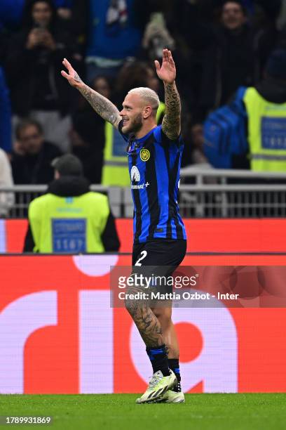 Federico Dimarco of FC Internazionale celebrates after scoring their team's first goal during the Serie A TIM match between FC Internazionale and...